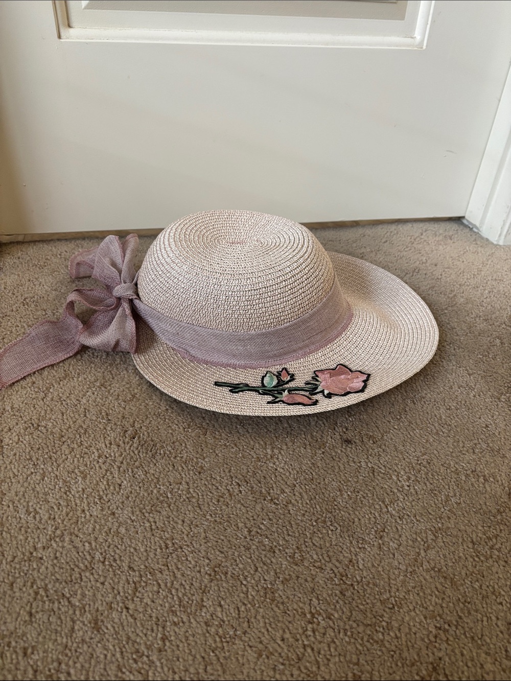 Straw Sun Hat with Pink Ribbon and Floral Accent negotiable